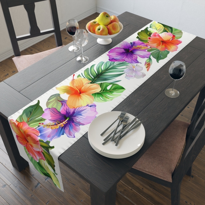 Table Runner Rectangular Oversized Hibiscus Print Saturated Color