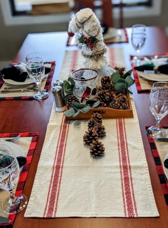 Table Runner Red Embroidered Stripes Cream Cotton Scandi
