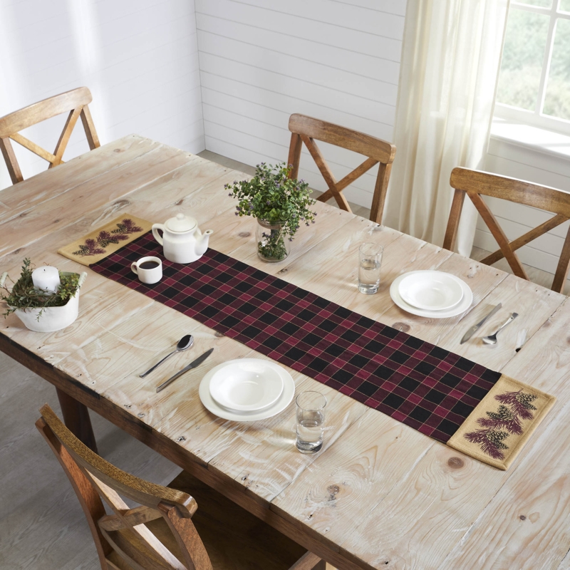 Table Runner Red Plaid Wood Table Pinecone Embroidery Farmhouse