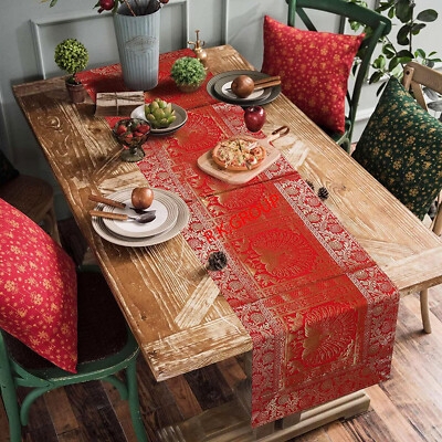 Table Runner, Red Silk-Like Brocade with Gold Peacock Motif Pattern