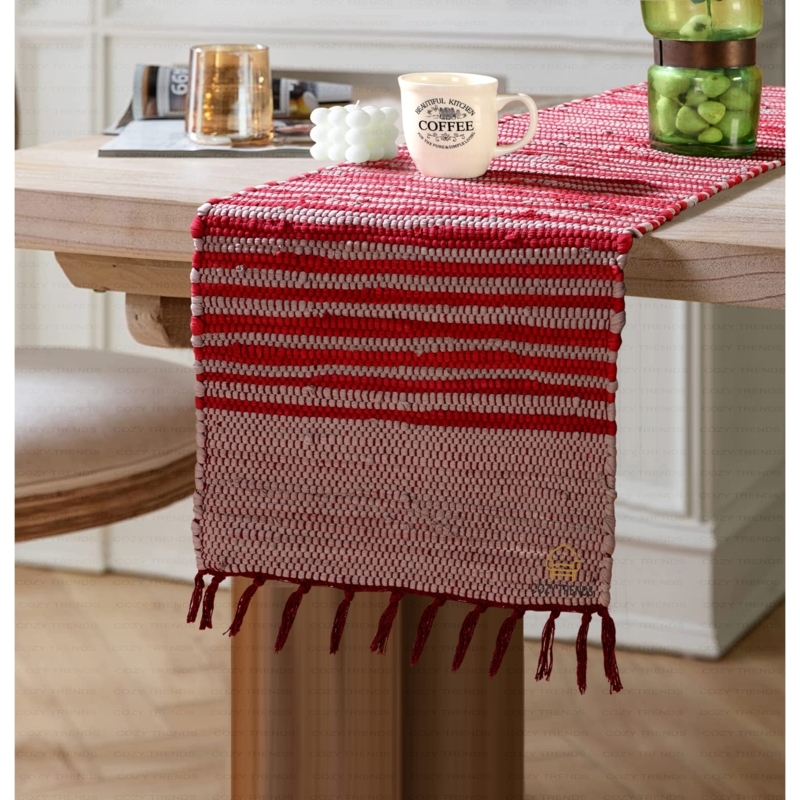 Table Runner Red Striped Chindi Weave Tassels Fringe Bohemian Casual
