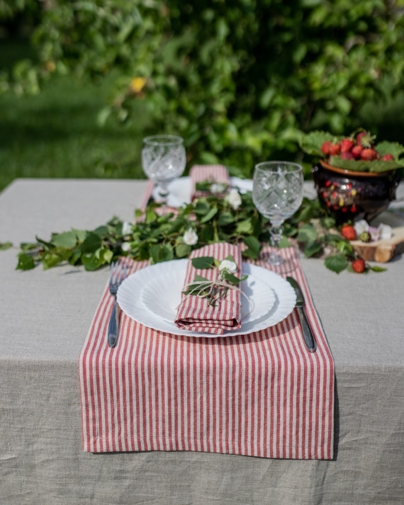Table Runner Red White Pinstripes Linen Like Rustic Farmhouse Decor
