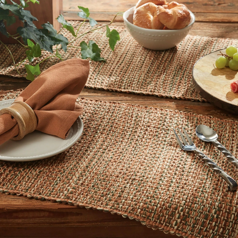 Table Runner Rust Multi Tonal Tweed Chunky Weave Earthy Farmhouse Decor