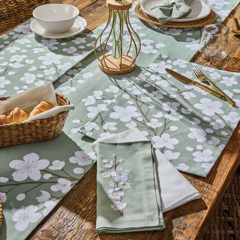 Table Runner Sage Green Cherry Blossom Floral Embroidered Napkin