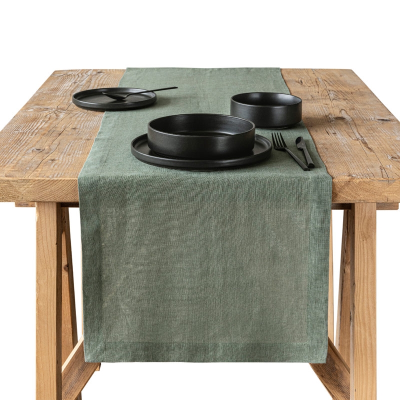 Table Runner Sage Green Linen Wide Hem Border Scandinavian Decor
