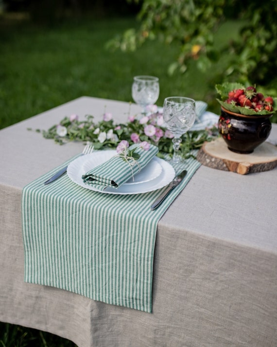 Table Runner Sage Green White Stripes Linen Like Rustic Garden Party