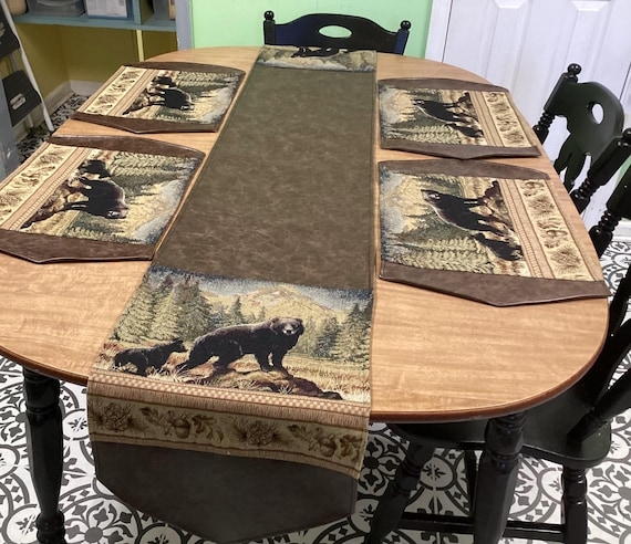 Table Runner Set Wildlife Tapestry Faux Leather Border Bear Tapestry