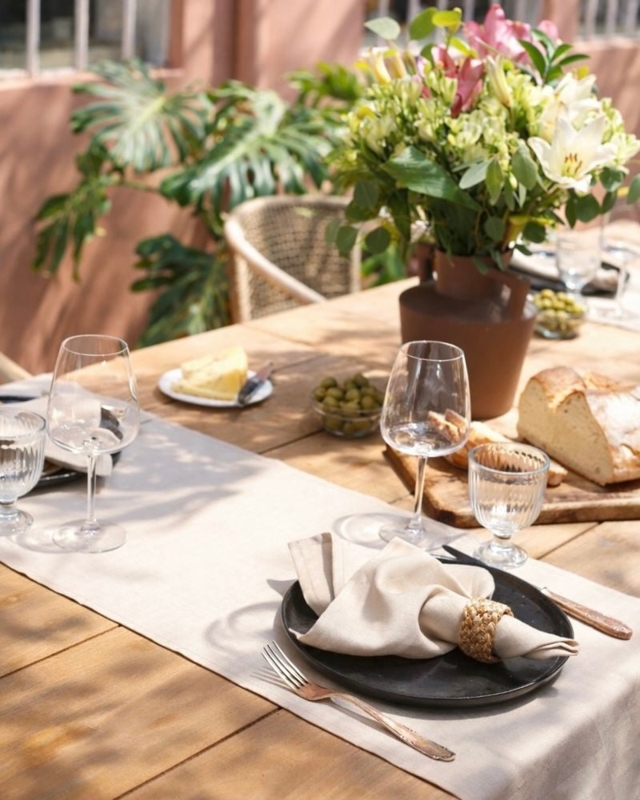 Table Runner Stonewashed Natural Beige Linen Texture Al Fresco Styling