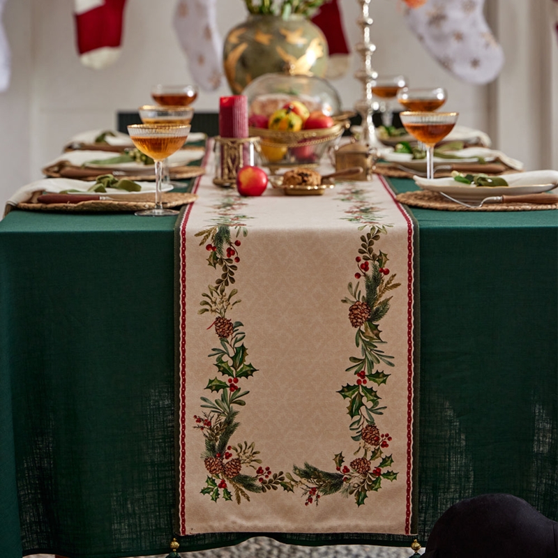 Table Runner Vintage Botanical Ivy and Holly Pattern Cream Fabric