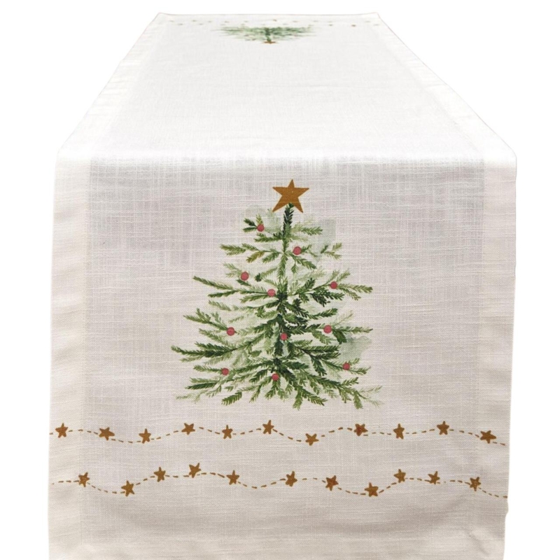 Table Runner Watercolor Tree Motif Gold Star Garland Rustic