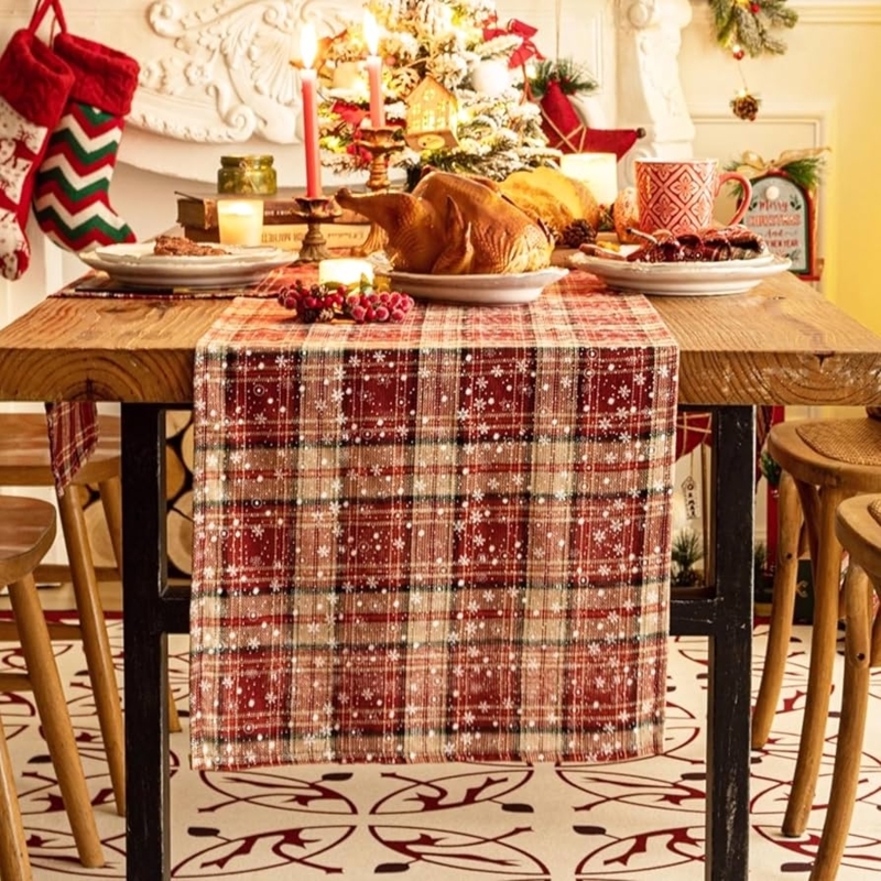 Table Runner White Snowflake Overlay Red Plaid Farmhouse Decor