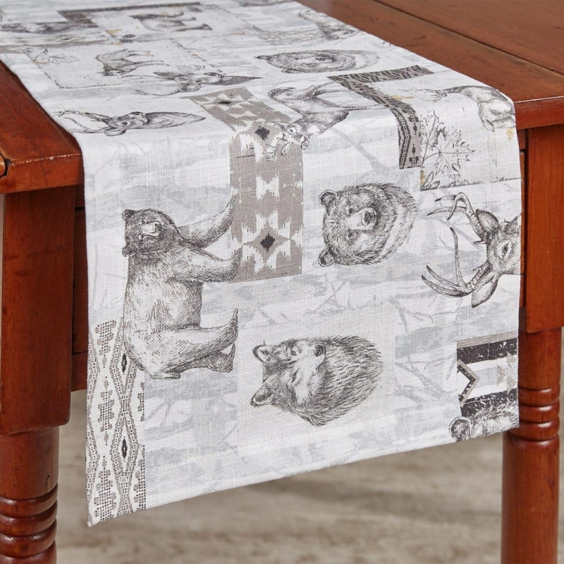 Table Runner Wildlife Sketched Illustrations Neutral Monotone