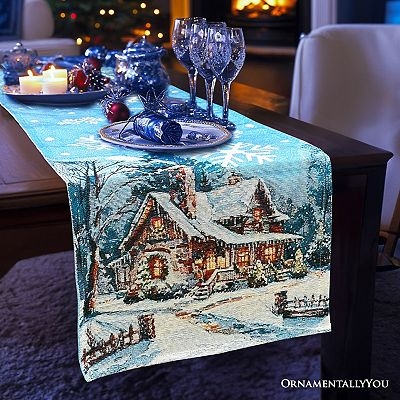 Table Runner Winter Cabin Scene Icy Blue Snowflake Accents