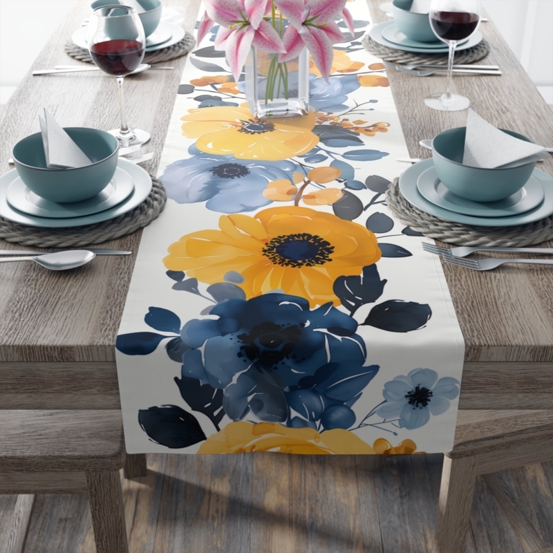 Table Runner with Bold Blue and Yellow Floral Pattern