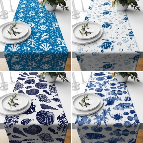 Table Runner with Varied Blue and White Coastal Motifs