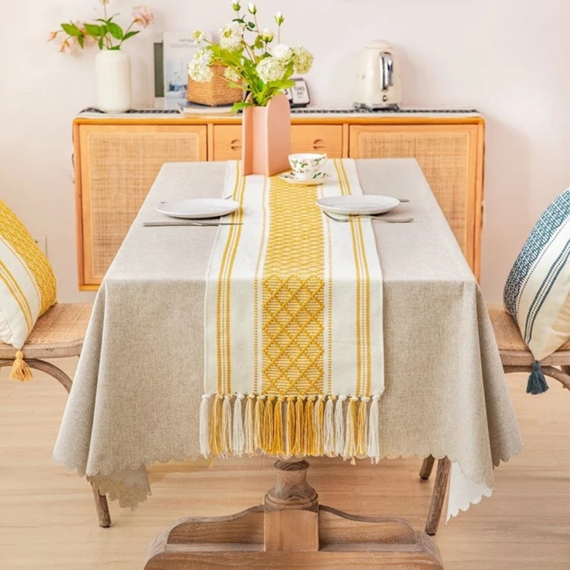 Table Runner, Woven Yellow Diamond Pattern with Tassel Fringe Trim
