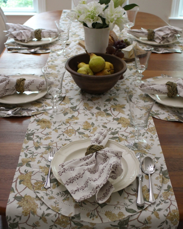 Table Runner Yellow Botanical Floral Print Rope Napkin Rings Rustic