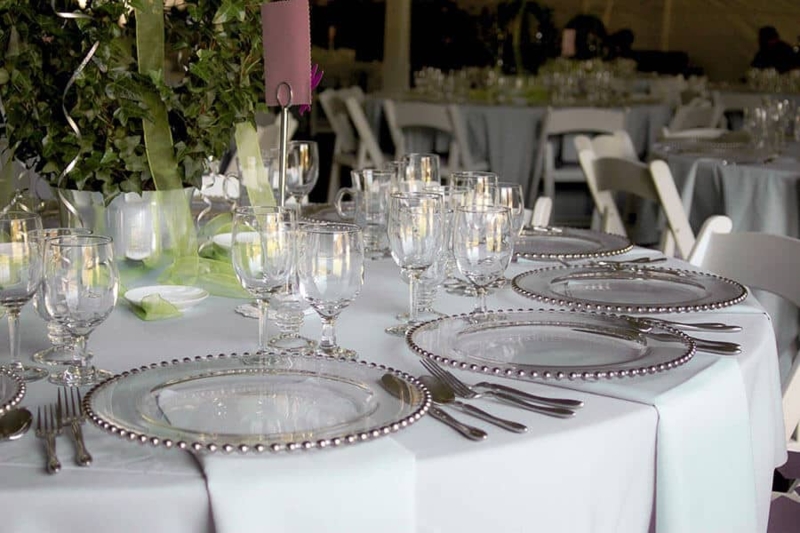 Table Setting Beaded Charger Plates Ivy Centerpiece White Linen