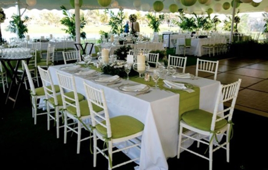 Table Setup Lime Green Runners Chiavari Chairs Tropical Garden Party Decor