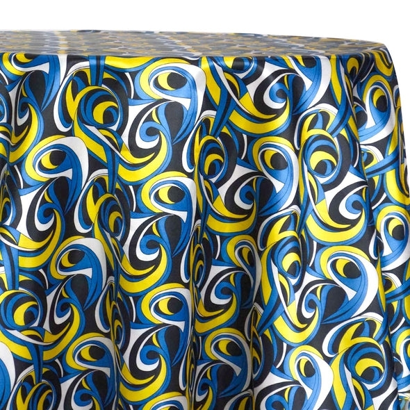 Tablecloth Abstract Swirl Print Yellow Blue Black Retro Maximalist Round