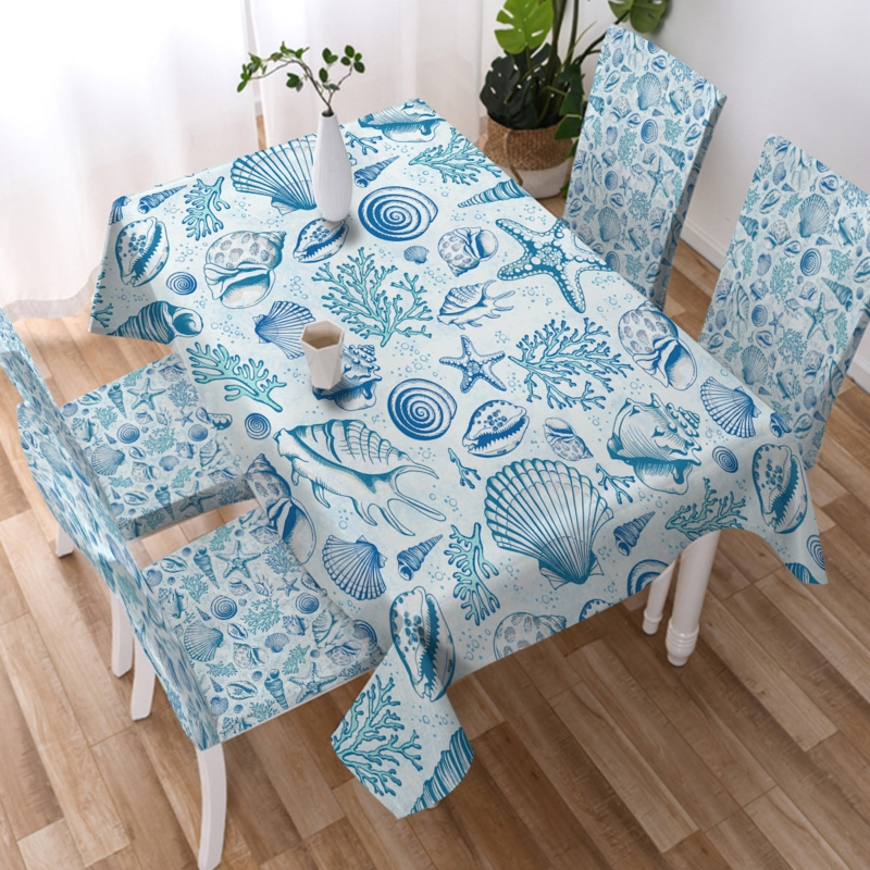 Tablecloth and Chair Cover Set with Blue Seashell Pattern