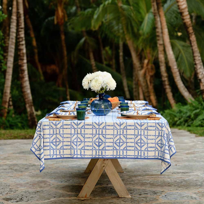 Tablecloth Bamboo Lattice Pattern Blue White Coastal Tropical Vibe