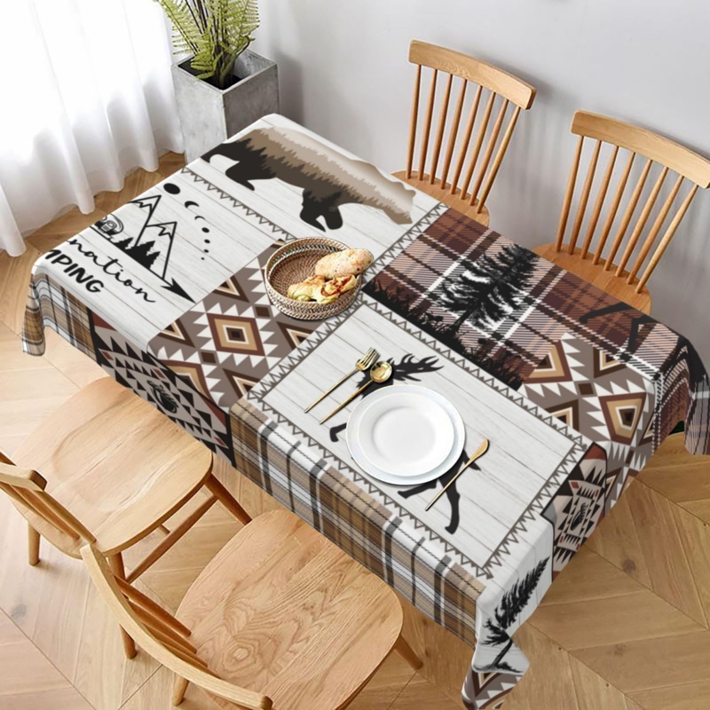 Tablecloth Bear And Elk Silhouettes Earthy Patchwork Cabin Decor