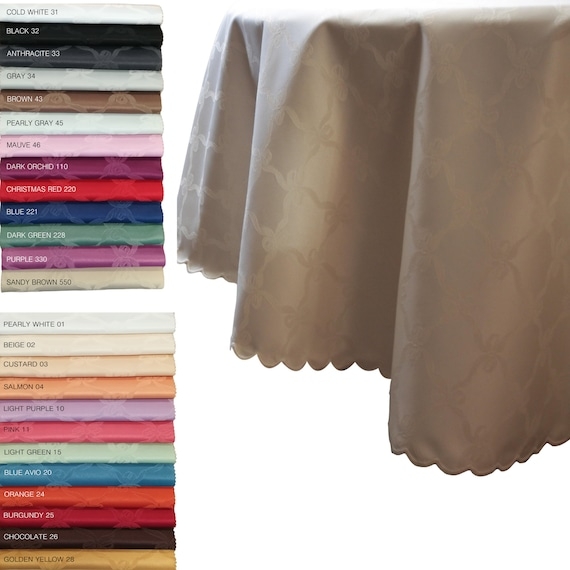 Tablecloth Beige Damask Pattern Scalloped Edges Traditional Dining Decor