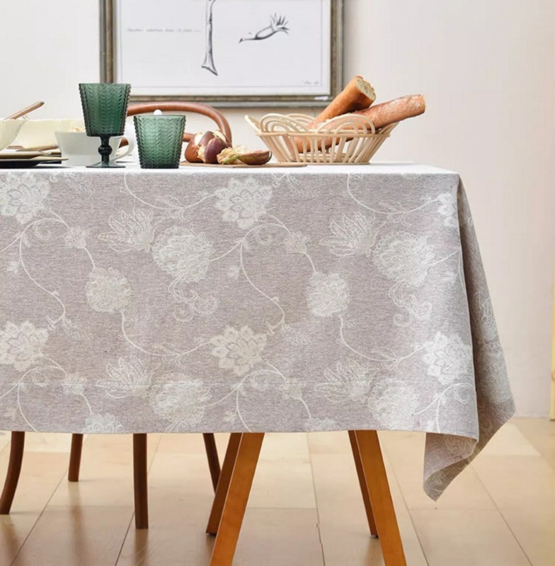 Tablecloth Beige Linen Like Fabric Floral Damask Pattern Neutral
