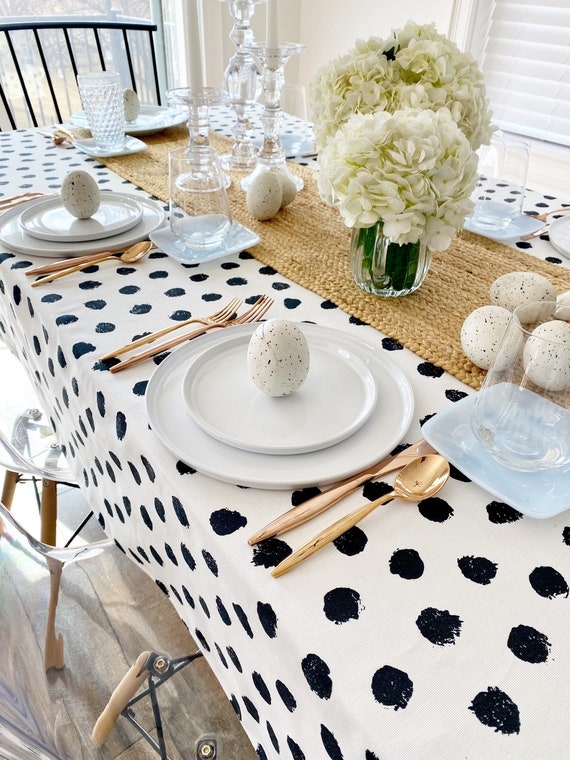 Tablecloth Black Polka Dots, Woven Runner Spring Tablescape