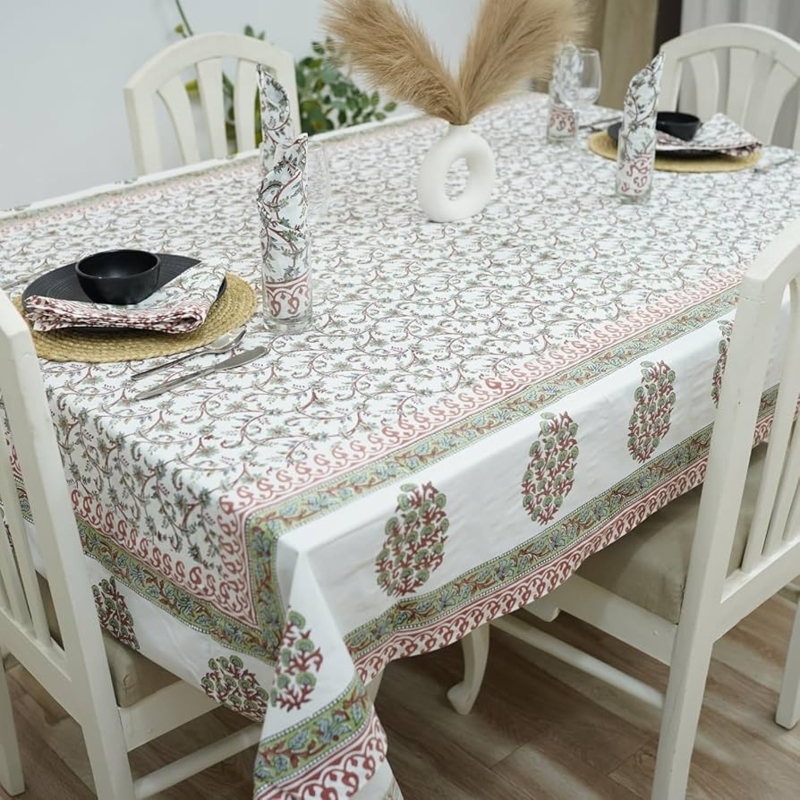 Tablecloth Block Print Floral Ornate Border, Earthy Dining Table Decor