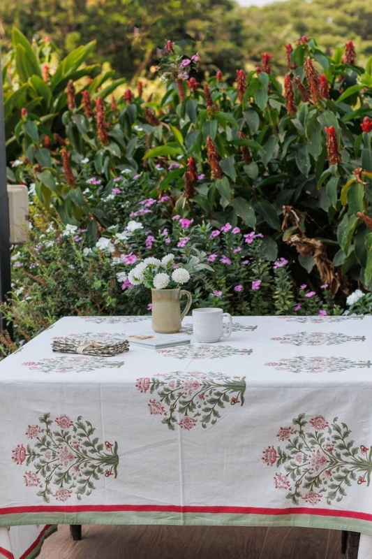 Tablecloth Block Print Floral Striped Hem Detail Cottagecore Patio Decor