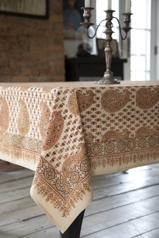 Tablecloth Block Printed Paisley Ornate Border Bohemian Print Rustic Linens