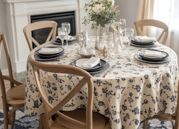 Tablecloth Blue Floral Toile with Cross Back Chairs