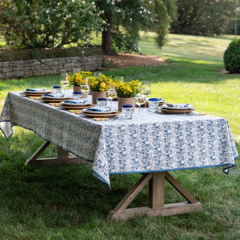 Tablecloth Blue Floral Vine Pattern Border Trim Coastal Farmhouse Outdoor
