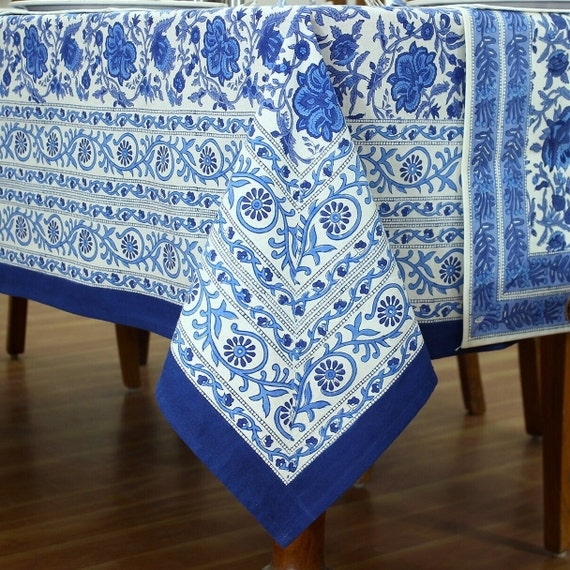 Tablecloth Blue White Block Print Floral Solid Border Edge Coastal