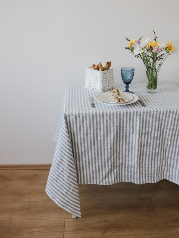 Tablecloth Blue White Stripes Linen Like Overhanging Drape Casual Coastal