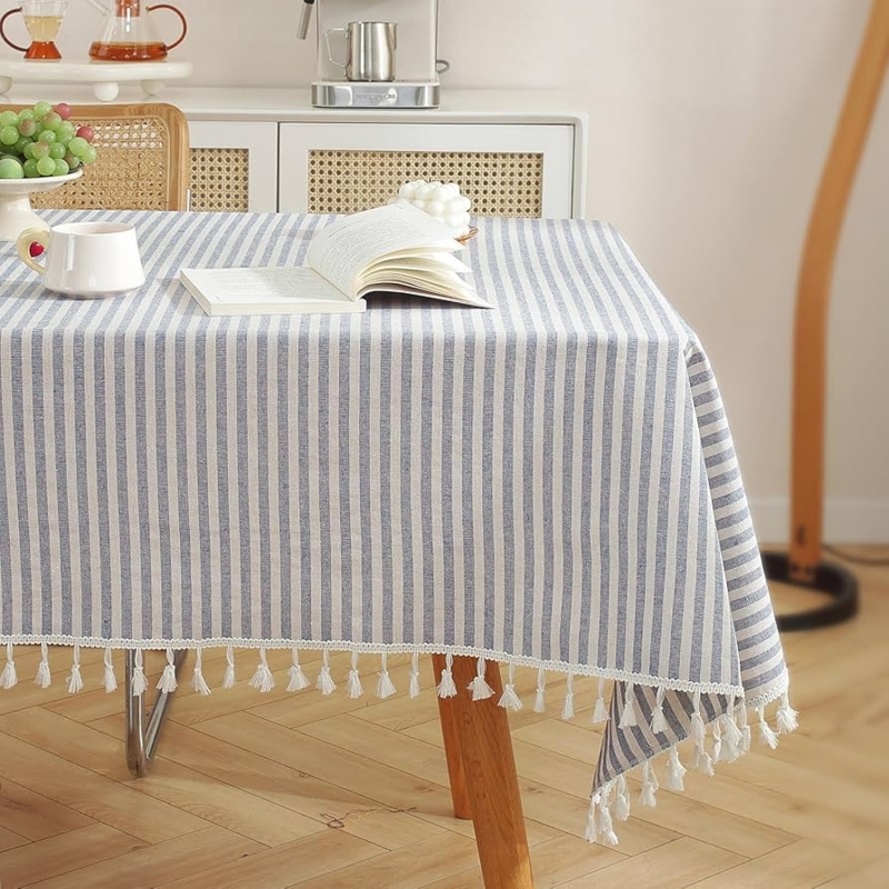 Tablecloth Blue White Vertical Stripes Tassel Fringe Linen Like Coastal