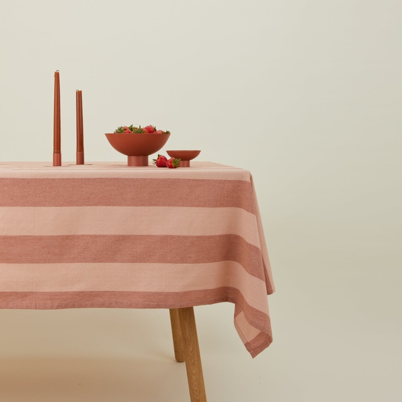 Tablecloth Blush Pink Terracotta Wide Horizontal Stripes Linen Like