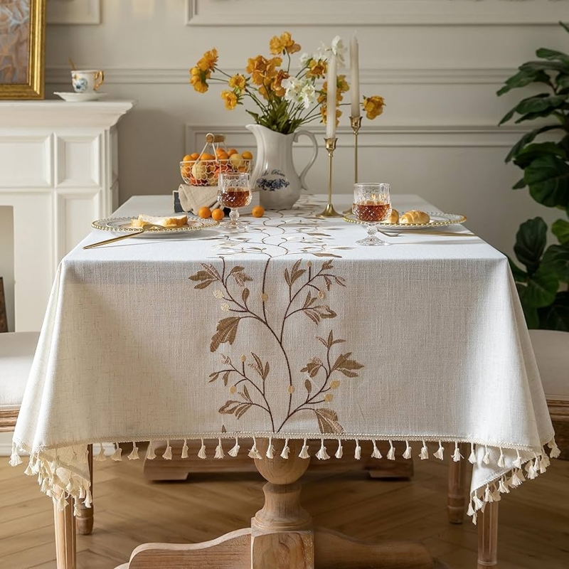 Tablecloth Botanical Embroidery Tassel Fringe Cream Farmhouse Dining