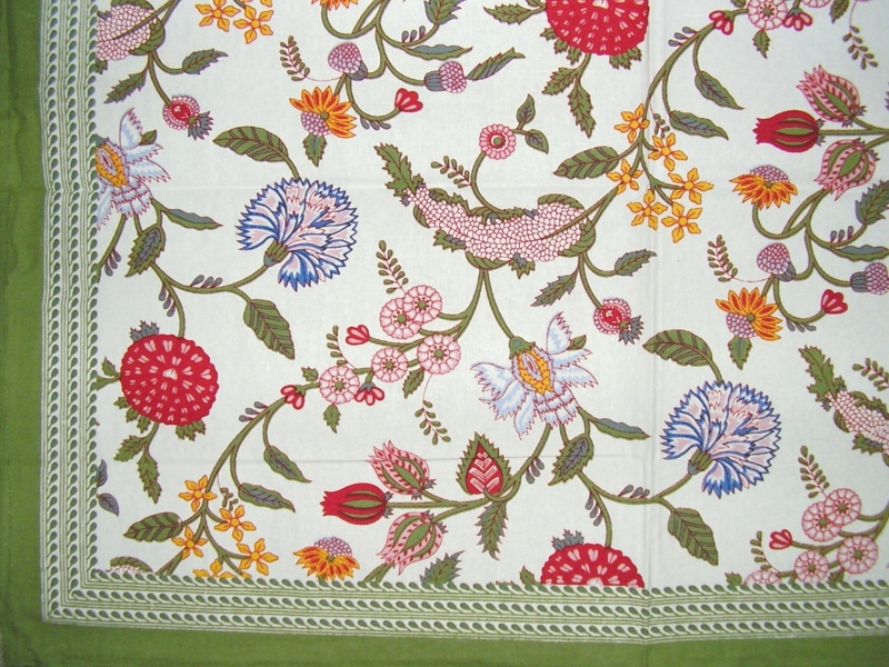 Tablecloth Botanical Floral Print Green Geometric Border Cotton Like