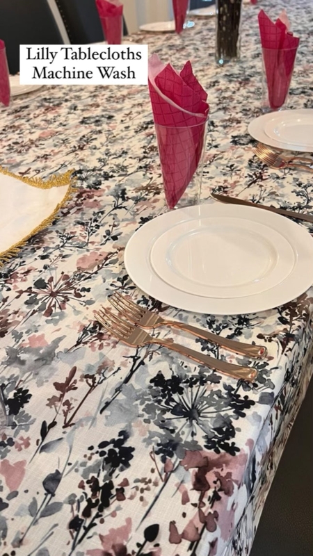 Tablecloth Botanical Print Floral Pink Grey Fringe Romantic Dining