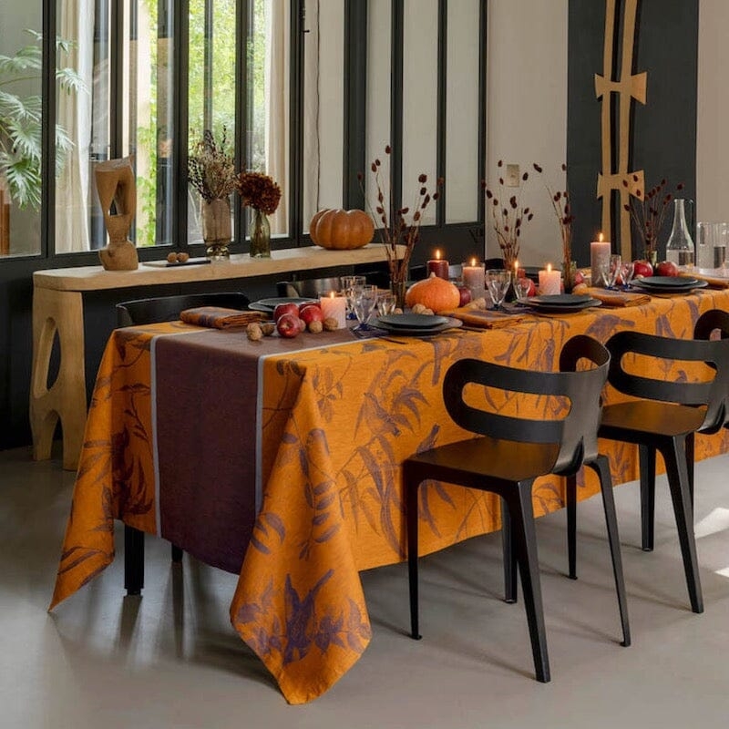 Tablecloth Botanical Print Orange and Plum Palette Sculptural Chairs