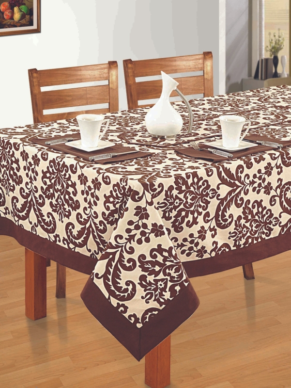 Tablecloth Brown Damask Scroll Print Wide Solid Border Boho Chic Dining