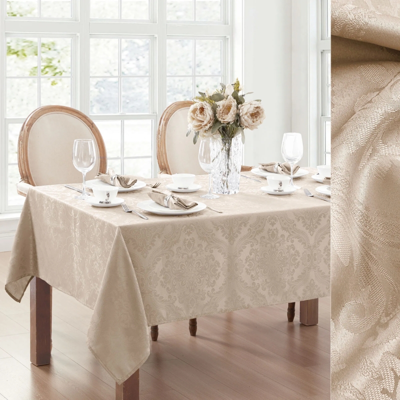 Tablecloth Champagne Damask Floral Pattern Woven Formal Dining Elegant