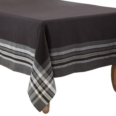 Tablecloth Charcoal Woven Striped Border Plaid Corners Modern Monochrome