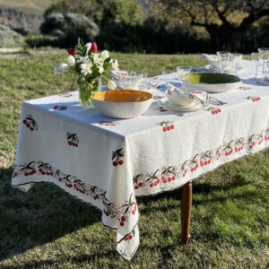 Tablecloth Cherry Motif Linen Like, Cherry Print Linen Tablecloth