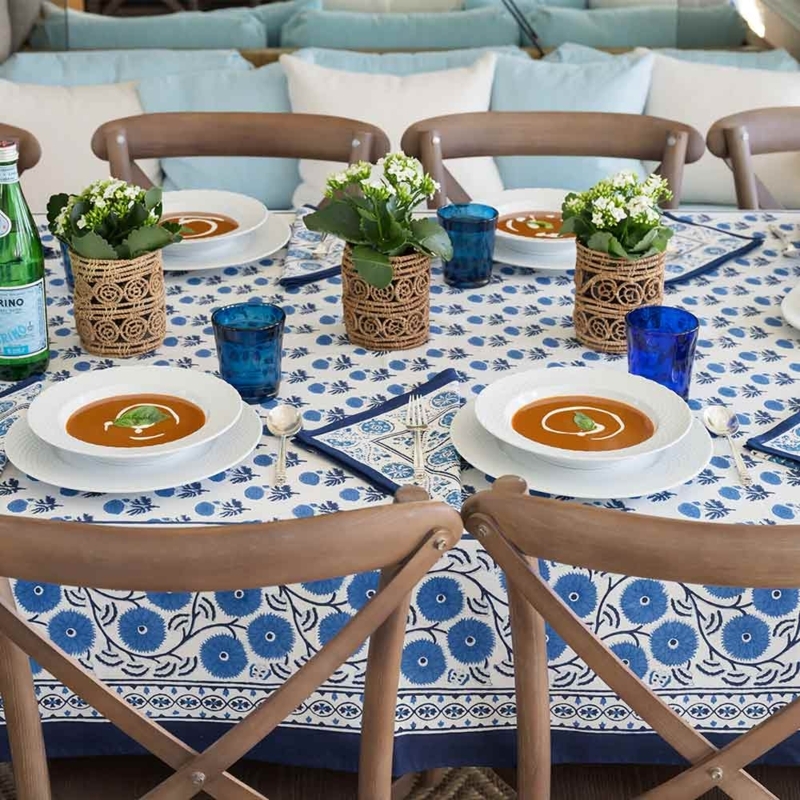 Tablecloth Cobalt Floral Block Print Border Edge Mediterranean Coastal