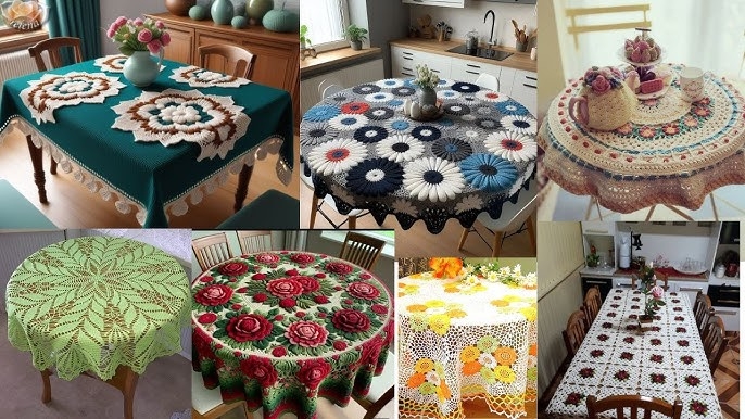 Tablecloth Collage 3D Floral Accents, Handmade Crocheted Patterns