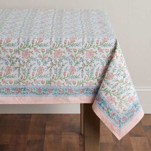 Tablecloth Coral Striped Border, Cottagecore Kitchen Table Linens